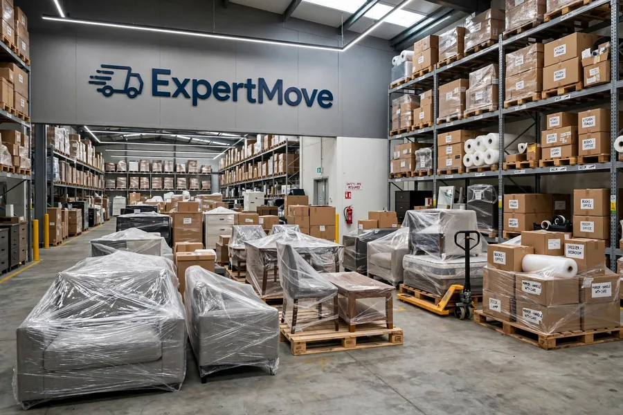Depozit ExpertMove cu mobilă ambalată în folie pe paleți și cutii etichetate pe rafturi